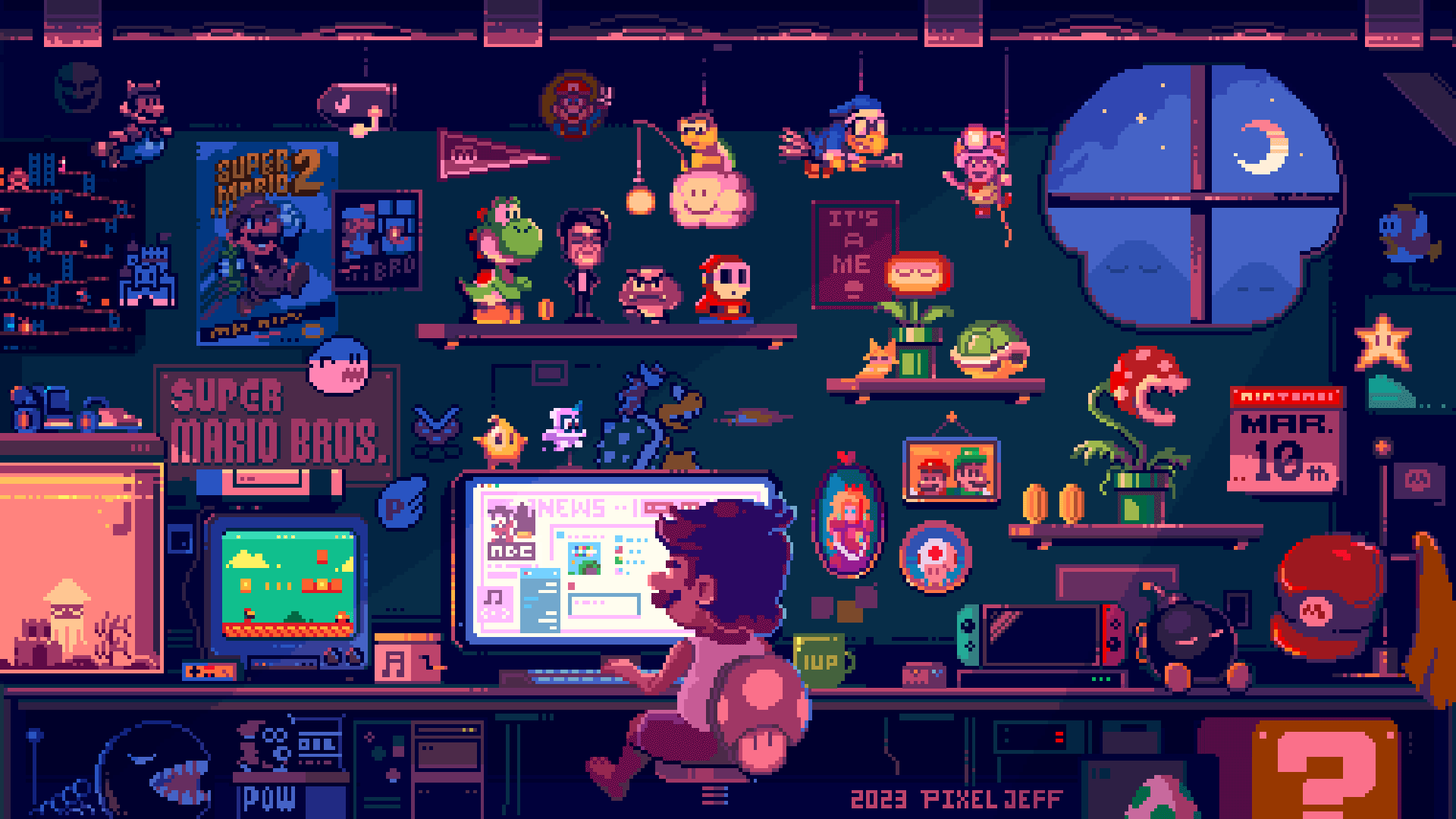Pixel-art scene of a retro gaming bedroom crowded with console-era memorabilia