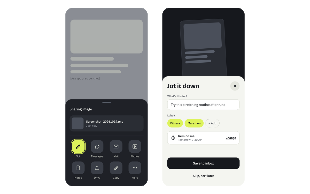 Sharing a screenshot from any app: the system share sheet with Jot as the first destination, then the Jot it down sheet with a note, two labels and a reminder time