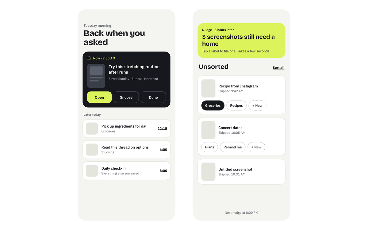 Jot bringing a saved screenshot back at the time you asked, alongside the rest of the day's items, and a later nudge listing the screenshots still waiting to be filed