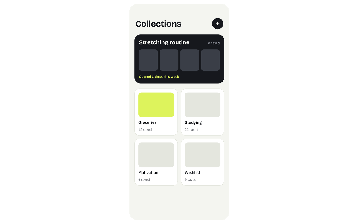 Collections: saved screenshots grouped into Groceries, Studying, Motivation and a Wishlist, with the most-opened one pinned at the top