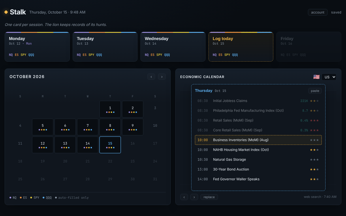 Stalk day picker: a week of session cards above a month calendar and the day's economic calendar