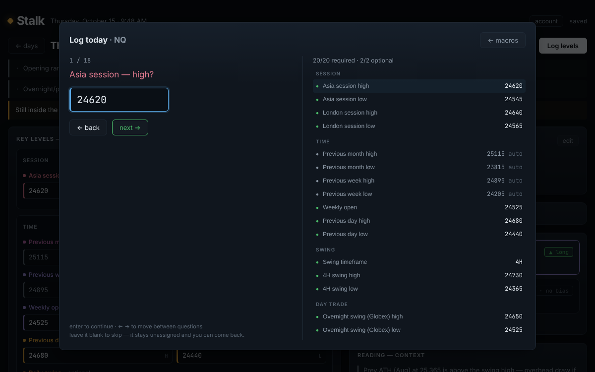 Guided level entry, one question at a time, with the running list of session, time, swing and day-trade levels beside it