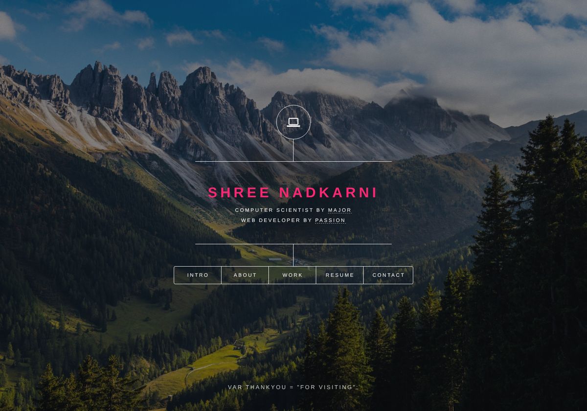 Landing screen of the 2016 site: name over a mountain photograph with a row of section links